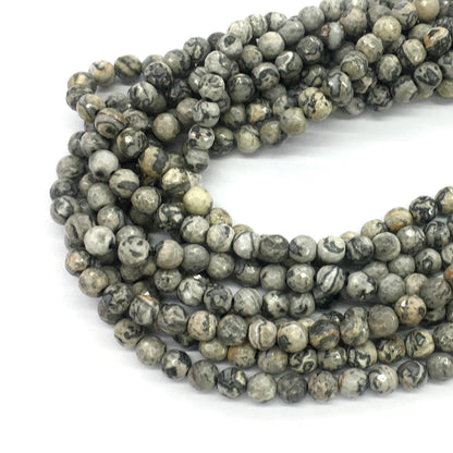 CJP99 Grey Picture Jasper Beads Faceted Round 6mm 15.5" Strand