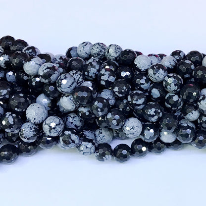 COB03 Snowflake Obsidian Beads Faceted Round 8mm 15" Strand