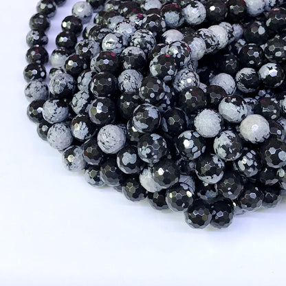 COB03 Snowflake Obsidian Beads Faceted Round 8mm 15" Strand