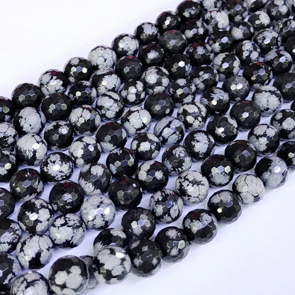 COB04 Snowflake Obsidian Beads Faceted Round 10mm 15" Strand