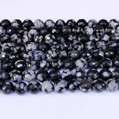 COB04 Snowflake Obsidian Beads Faceted Round 10mm 15" Strand