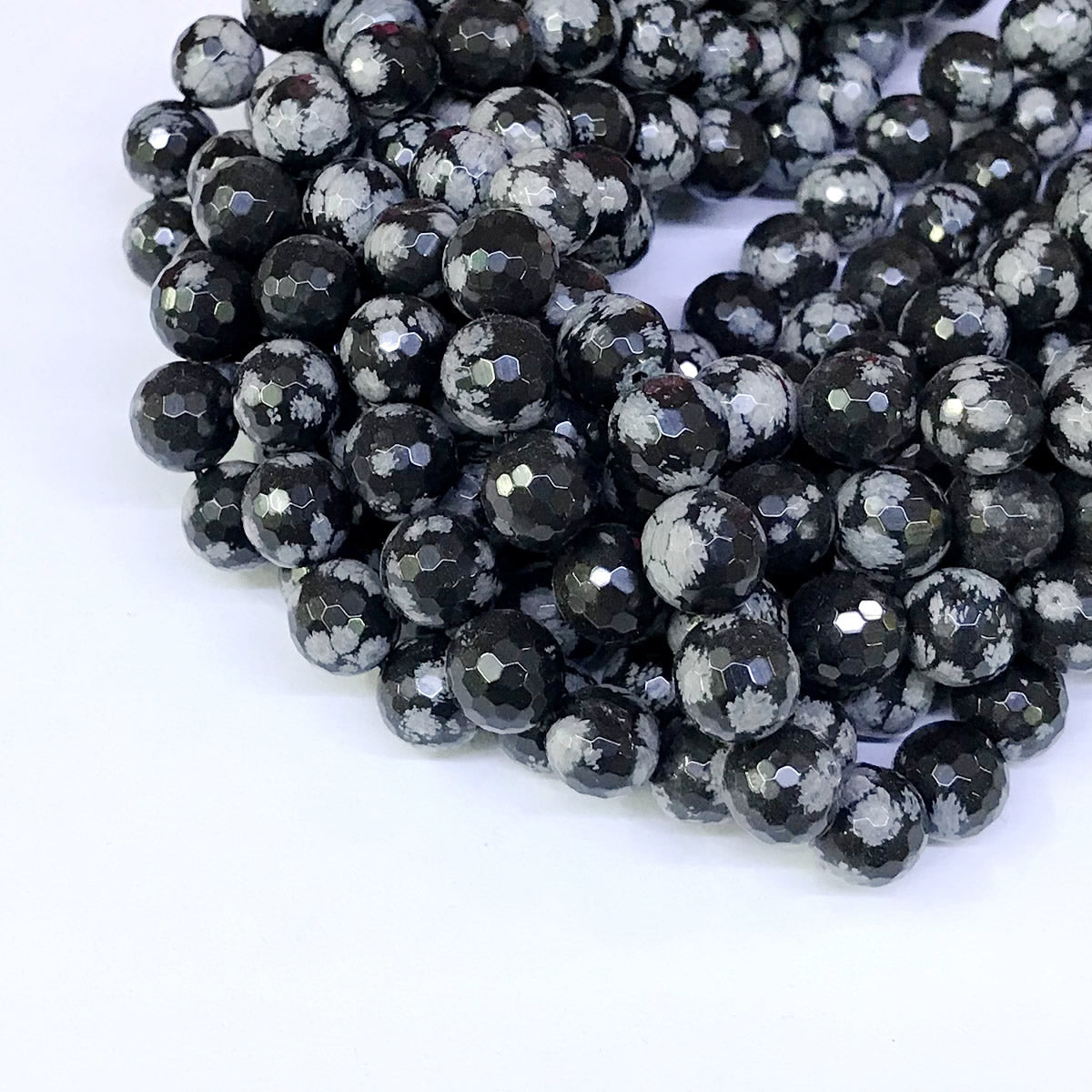 COB04 Snowflake Obsidian Beads Faceted Round 10mm 15" Strand