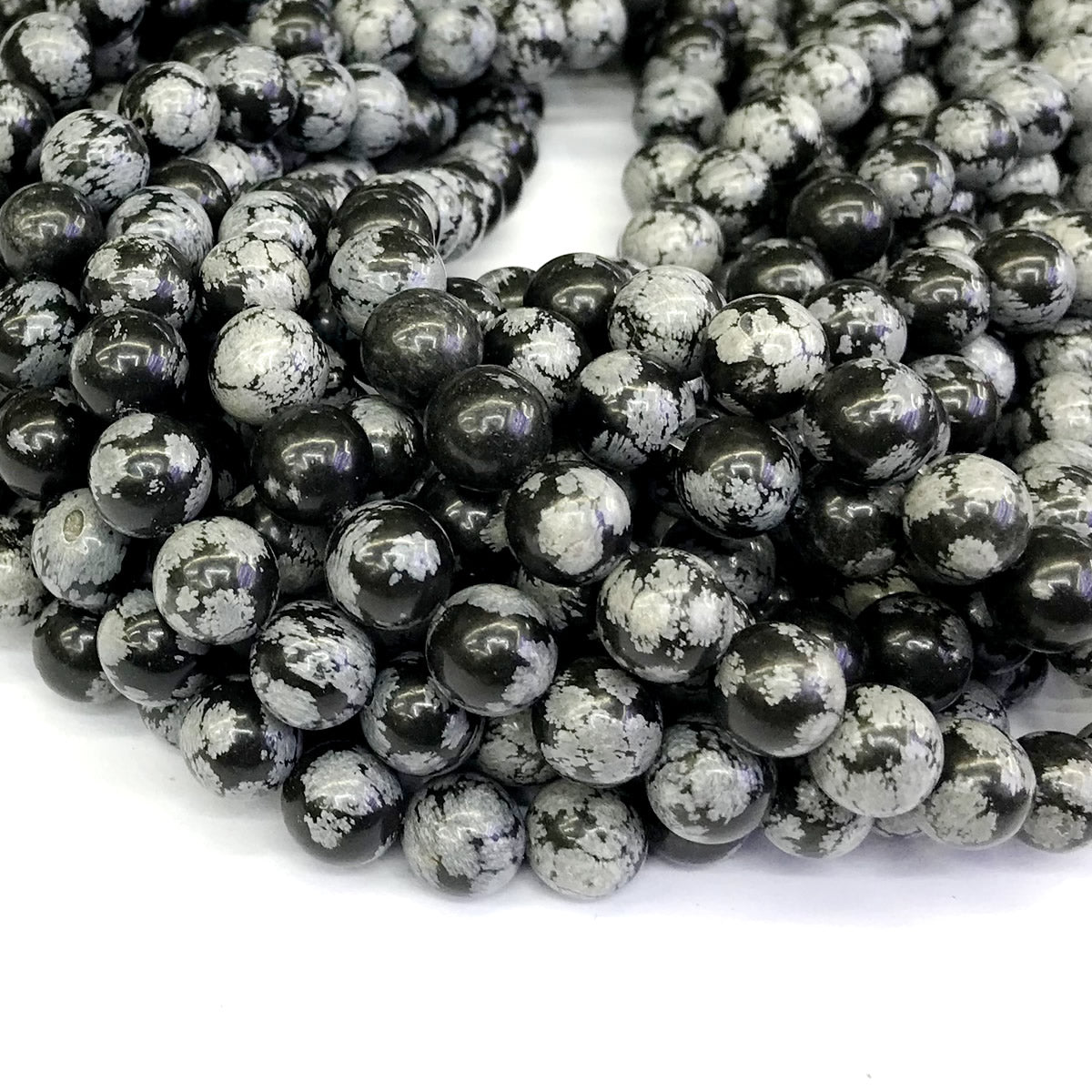 COB28 Snowflake Obsidian Beads Smooth Round 12mm 15" Strand