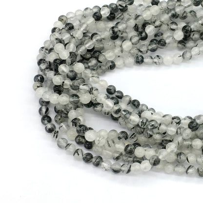 CQU33 Black Rutilated Quartz Beads Smooth Round 4mm 15.5" Strand