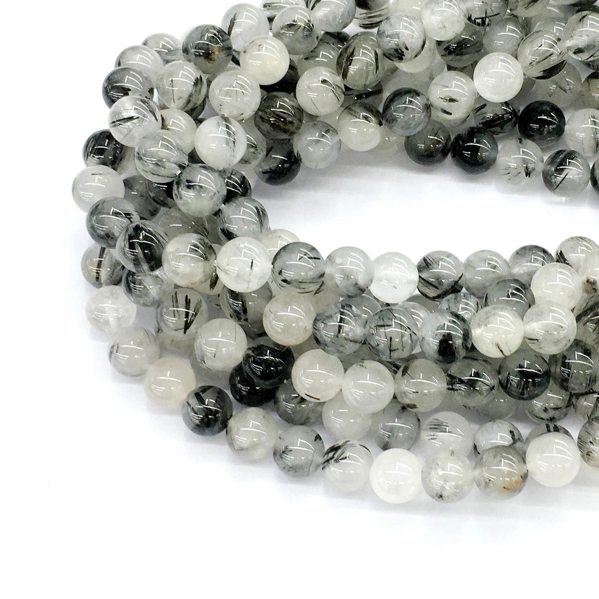 CQU34 Black Rutilated Quartz Beads Smooth Round 6mm 15.5" Strand