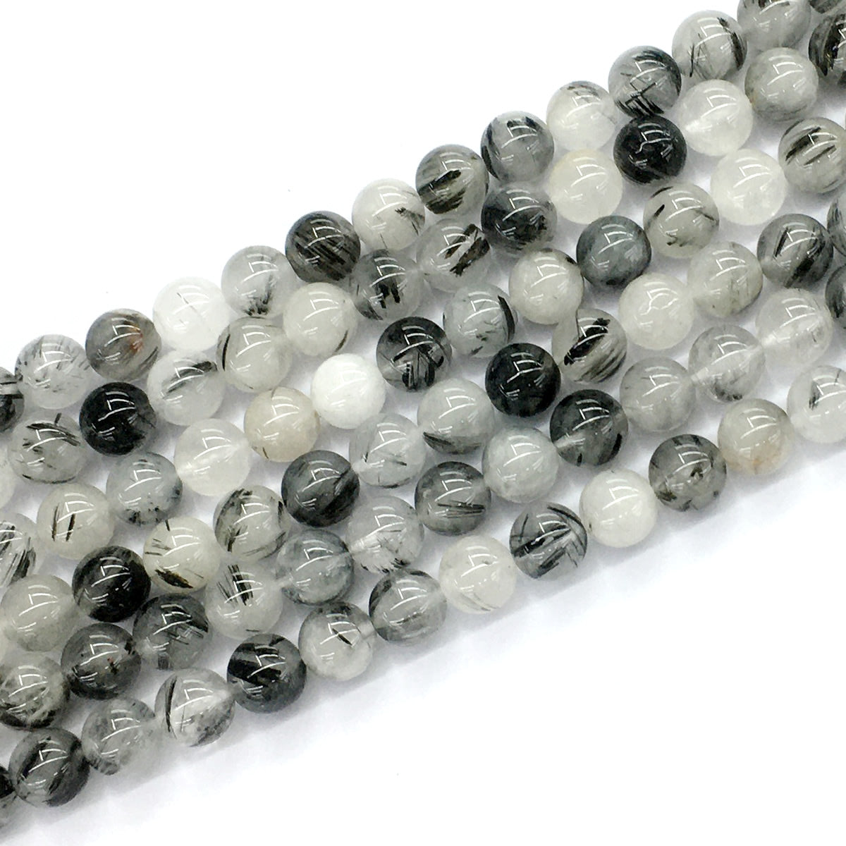 CQU35 Black Rutilated Quartz Beads Smooth Round 8mm 15.5" Strand