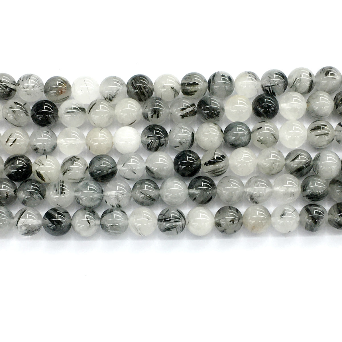 CQU35 Black Rutilated Quartz Beads Smooth Round 8mm 15.5" Strand