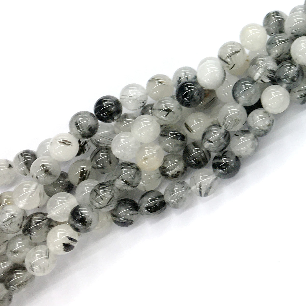 CQU35 Black Rutilated Quartz Beads Smooth Round 8mm 15.5" Strand