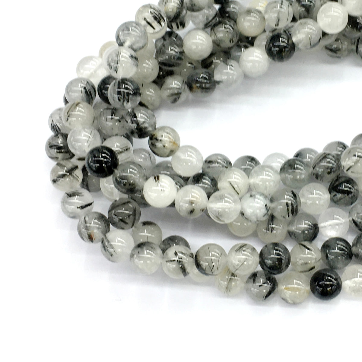 CQU35 Black Rutilated Quartz Beads Smooth Round 8mm 15.5" Strand