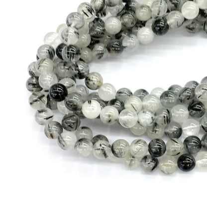 CQU35 Black Rutilated Quartz Beads Smooth Round 8mm 15.5" Strand