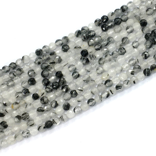 CQU39 Black Rutilated Quartz Beads Faceted Round 4mm 15.5" Strand