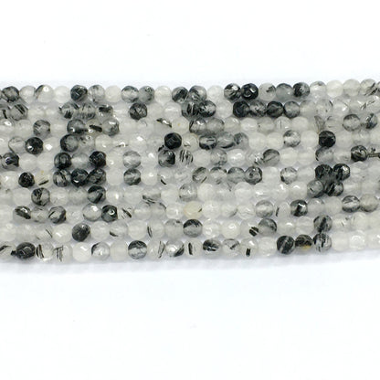 CQU39 Black Rutilated Quartz Beads Faceted Round 4mm 15.5" Strand