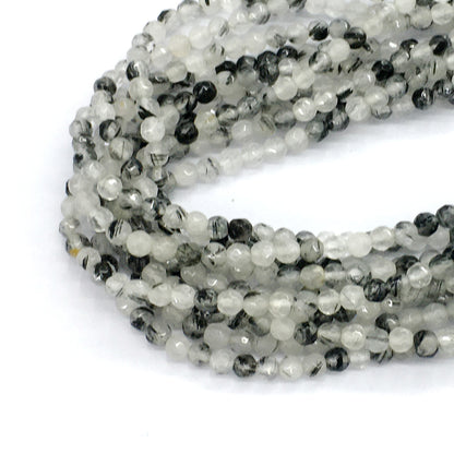 CQU39 Black Rutilated Quartz Beads Faceted Round 4mm 15.5" Strand