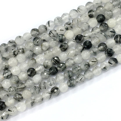 CQU40 Black Rutilated Quartz Beads Faceted Round 6mm 15.5" Strand