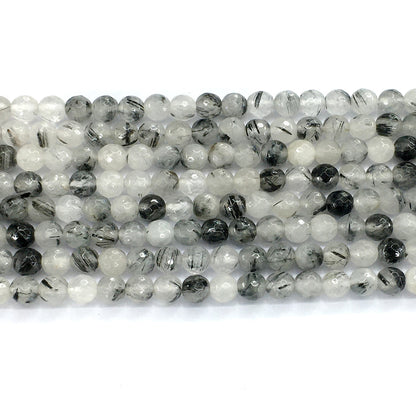 CQU40 Black Rutilated Quartz Beads Faceted Round 6mm 15.5" Strand