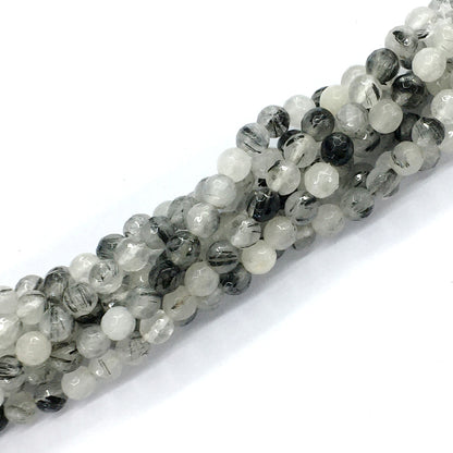 CQU40 Black Rutilated Quartz Beads Faceted Round 6mm 15.5" Strand