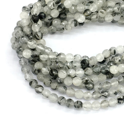 CQU40 Black Rutilated Quartz Beads Faceted Round 6mm 15.5" Strand