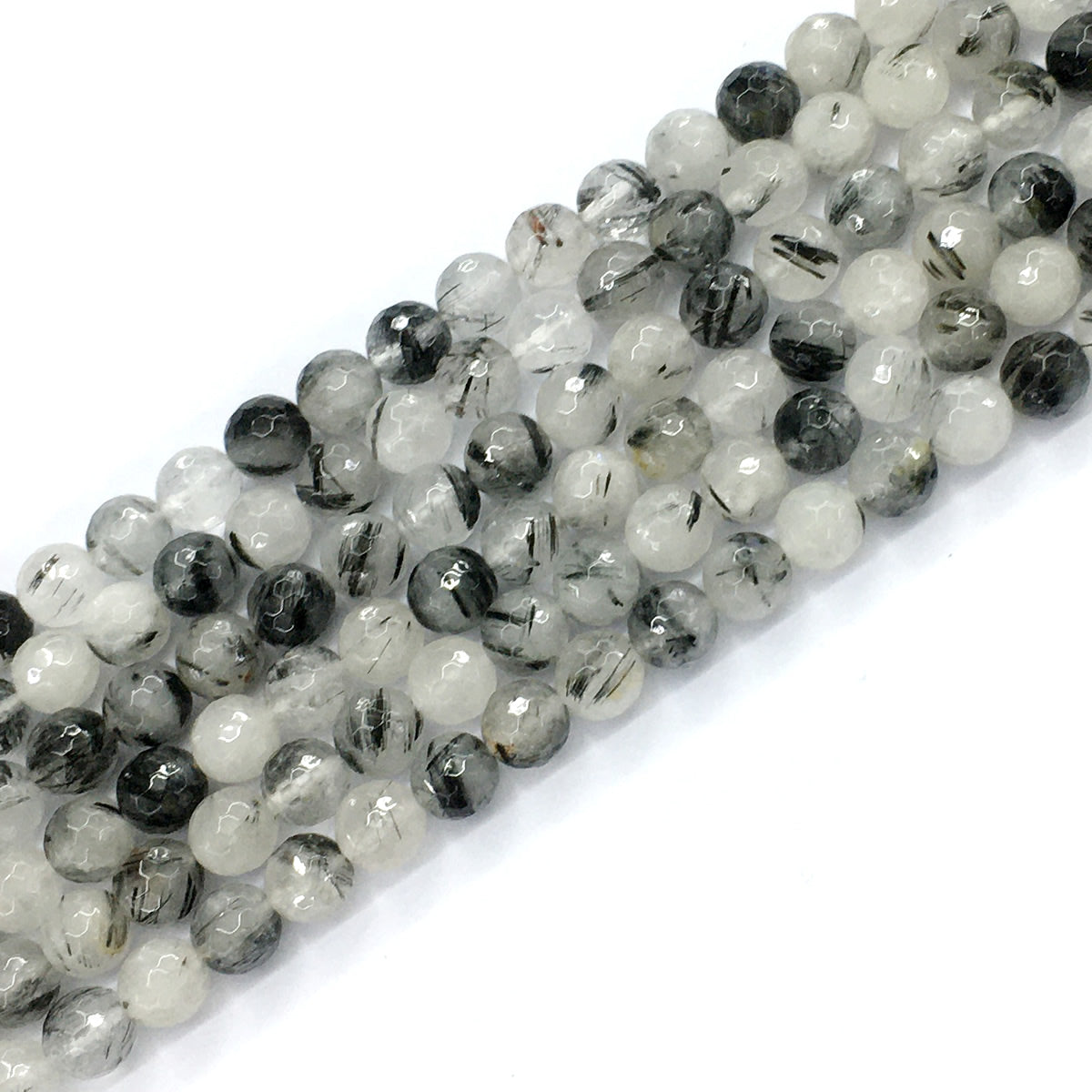 CQU41 Black Rutilated Quartz Beads Faceted Round 8mm 15.5" Strand