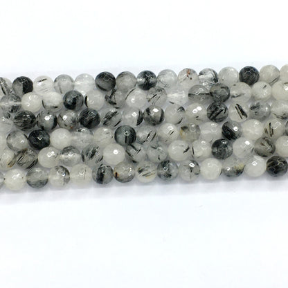 CQU41 Black Rutilated Quartz Beads Faceted Round 8mm 15.5" Strand