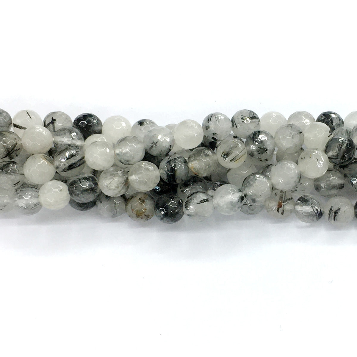 CQU41 Black Rutilated Quartz Beads Faceted Round 8mm 15.5" Strand