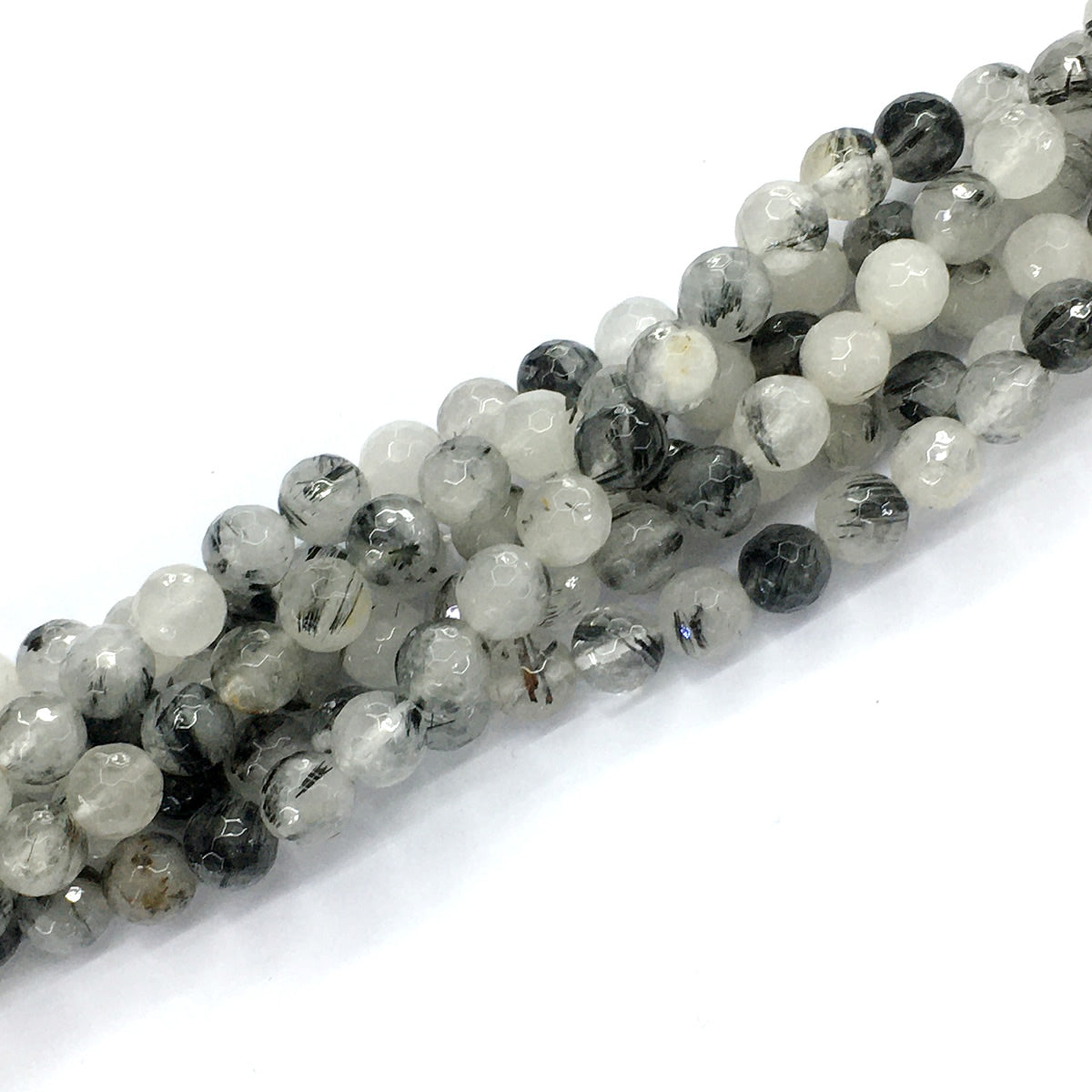 CQU41 Black Rutilated Quartz Beads Faceted Round 8mm 15.5" Strand