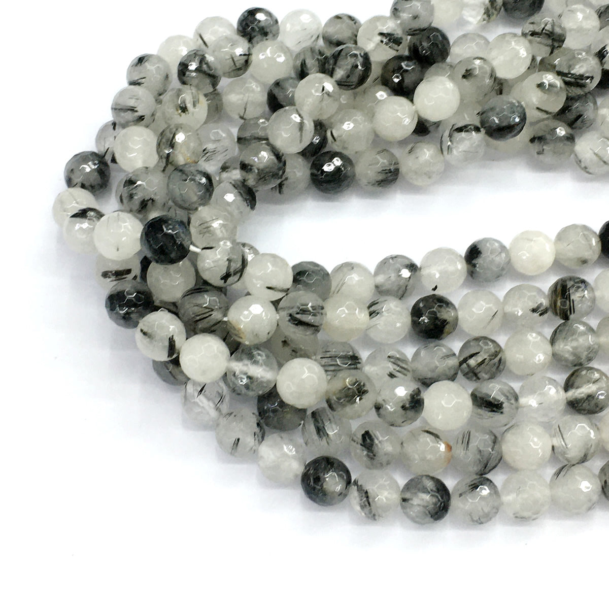 CQU41 Black Rutilated Quartz Beads Faceted Round 8mm 15.5" Strand