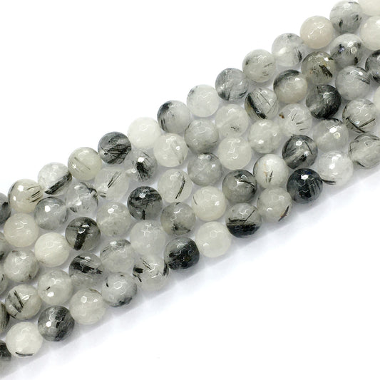 CQU42 Black Rutilated Quartz Beads Faceted Round 10mm 15.5" Strand