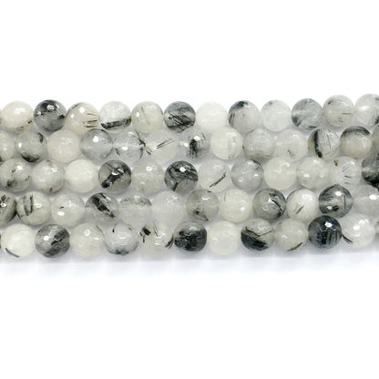 CQU42 Black Rutilated Quartz Beads Faceted Round 10mm 15.5" Strand