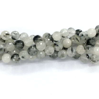 CQU42 Black Rutilated Quartz Beads Faceted Round 10mm 15.5" Strand