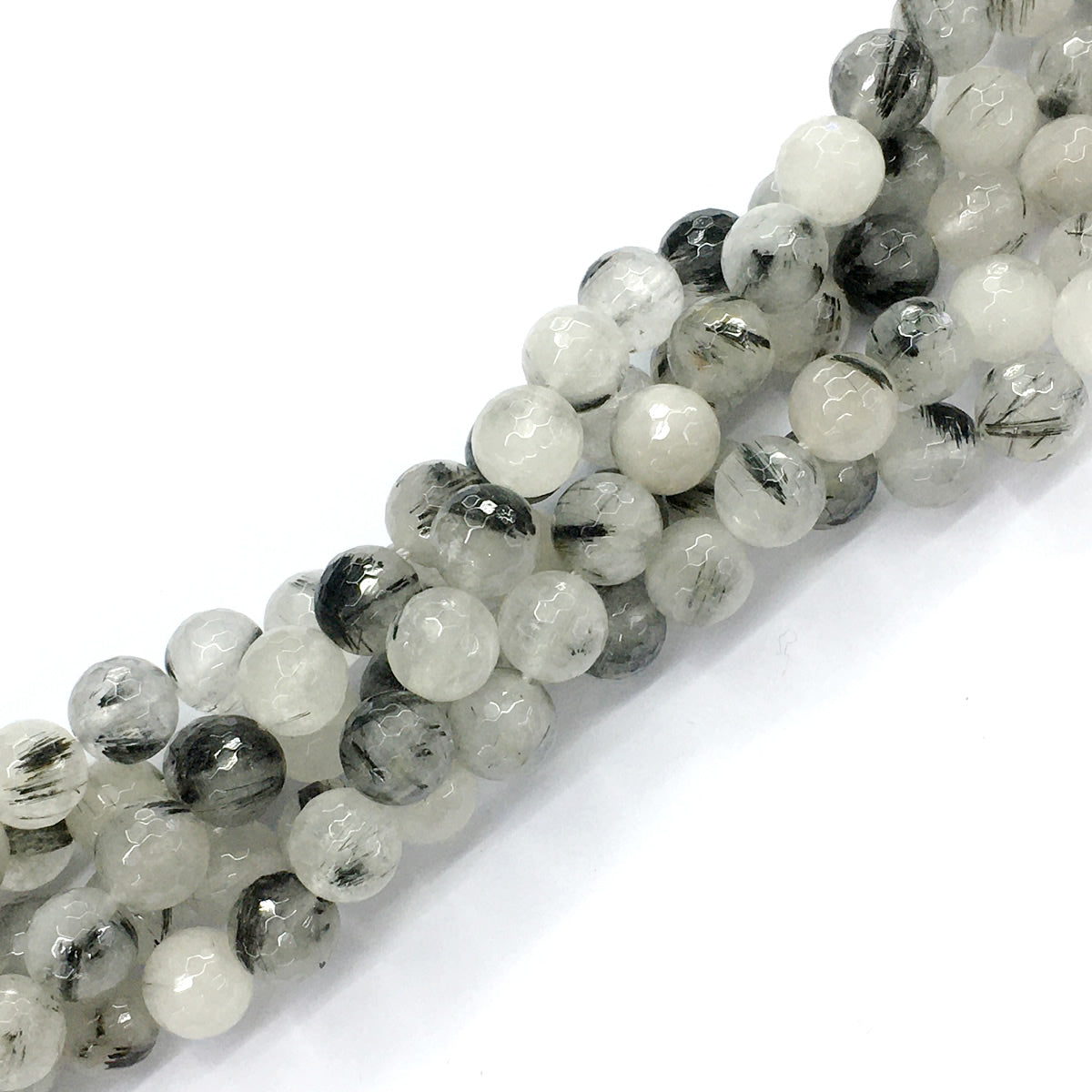 CQU42 Black Rutilated Quartz Beads Faceted Round 10mm 15.5" Strand