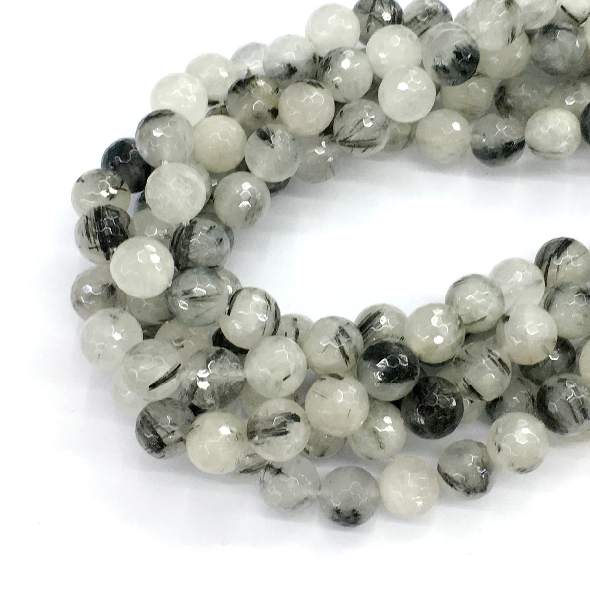 CQU42 Black Rutilated Quartz Beads Faceted Round 10mm 15.5" Strand