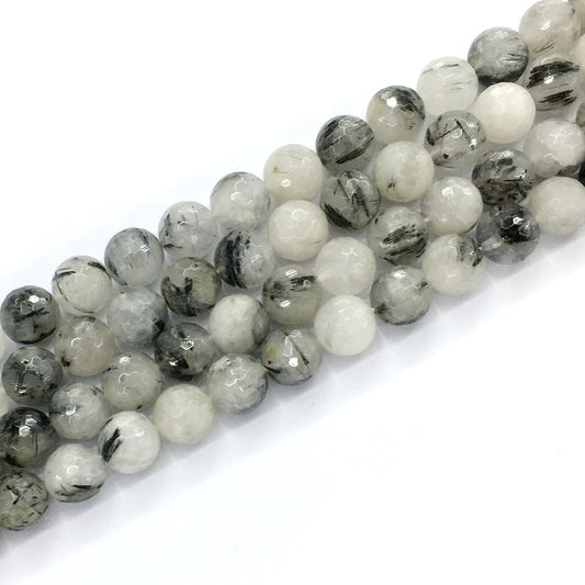 CQU43 Black Rutilated Quartz Beads Faceted Round 12mm 15.5" Strand