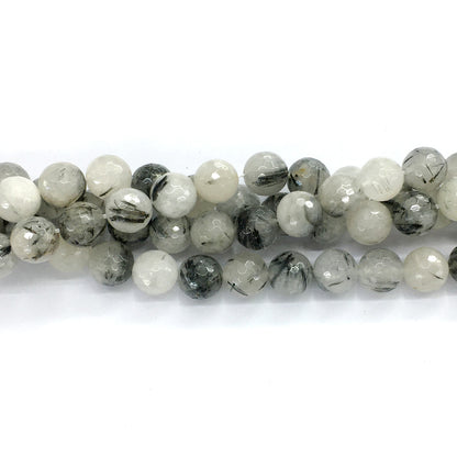 CQU43 Black Rutilated Quartz Beads Faceted Round 12mm 15.5" Strand