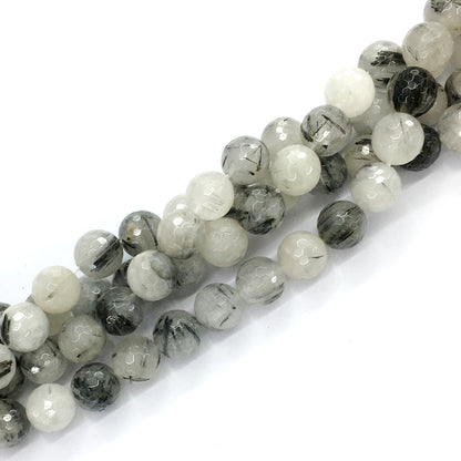 CQU43 Black Rutilated Quartz Beads Faceted Round 12mm 15.5" Strand