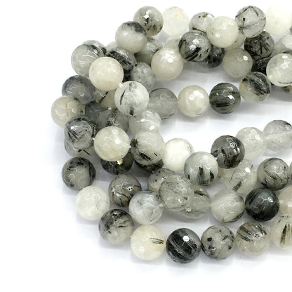 CQU43 Black Rutilated Quartz Beads Faceted Round 12mm 15.5" Strand