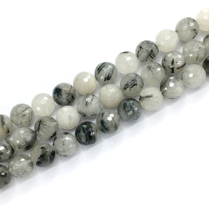 CQU44 Black Rutilated Quartz Beads Faceted Round 14mm 15.5" Strand