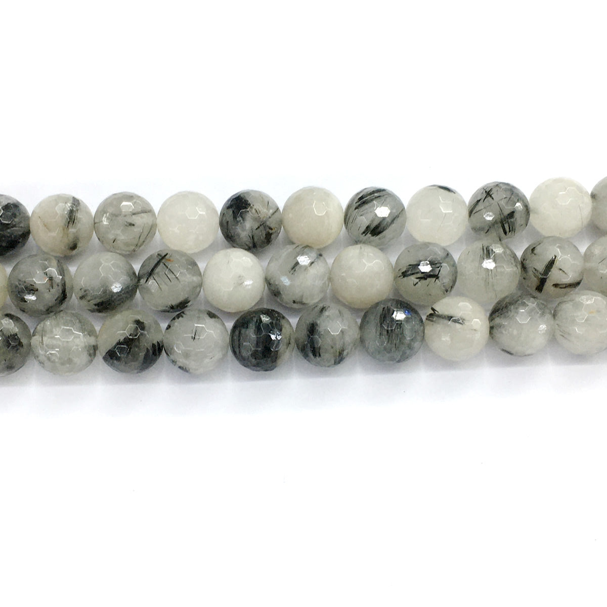 CQU44 Black Rutilated Quartz Beads Faceted Round 14mm 15.5" Strand