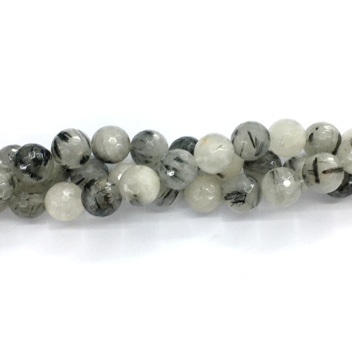 CQU44 Black Rutilated Quartz Beads Faceted Round 14mm 15.5" Strand