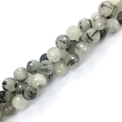 CQU44 Black Rutilated Quartz Beads Faceted Round 14mm 15.5" Strand