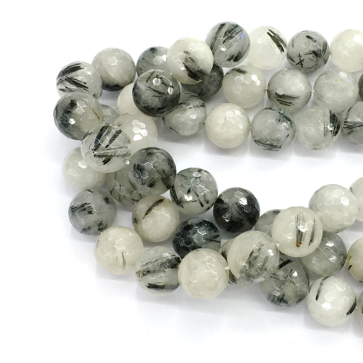 CQU44 Black Rutilated Quartz Beads Faceted Round 14mm 15.5" Strand