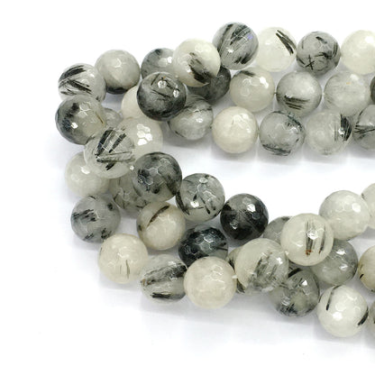 CQU44 Black Rutilated Quartz Beads Faceted Round 14mm 15.5" Strand