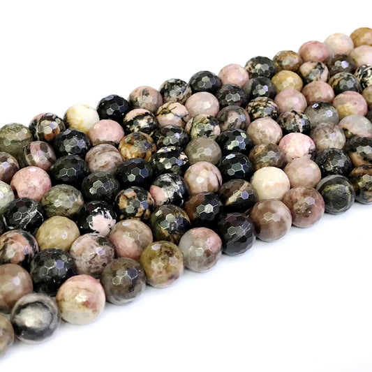 CRD04 Rhodonite Gemstone Beads Faceted Round 10mm 15" Strand