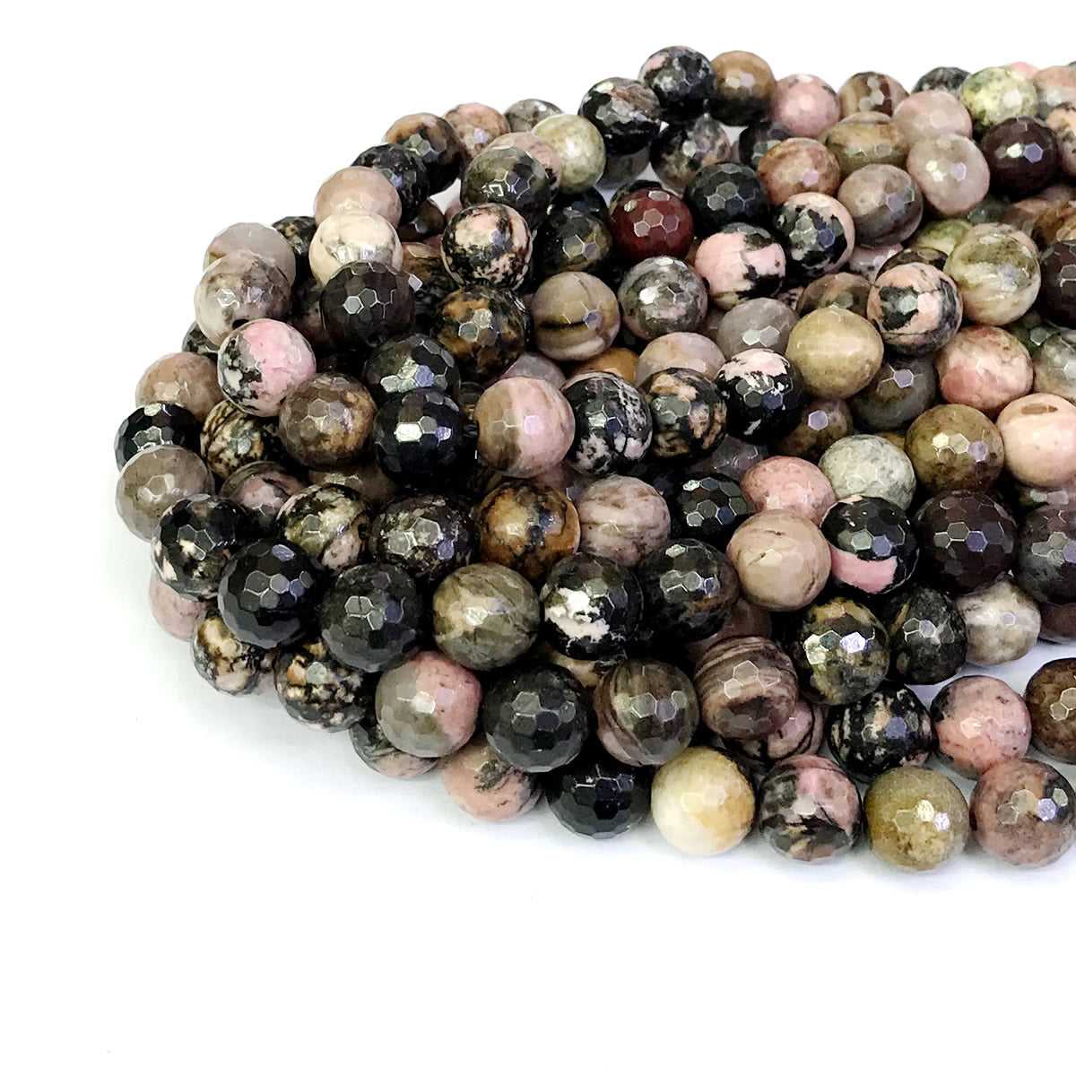 CRD04 Rhodonite Gemstone Beads Faceted Round 10mm 15" Strand