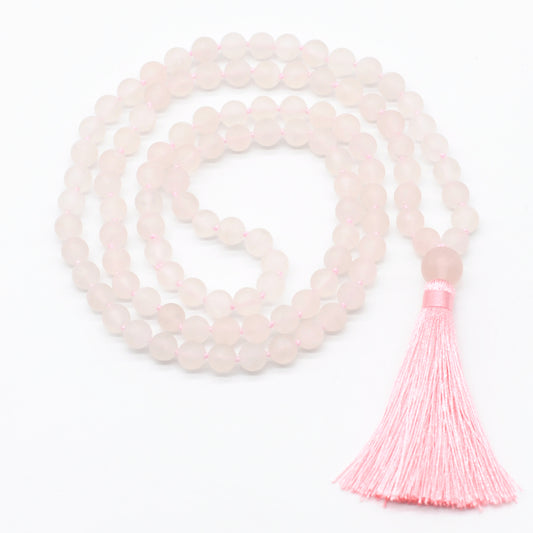 GMN01 Hand-Knotted Matte Rose Quartz 108 Beads Mala Necklace