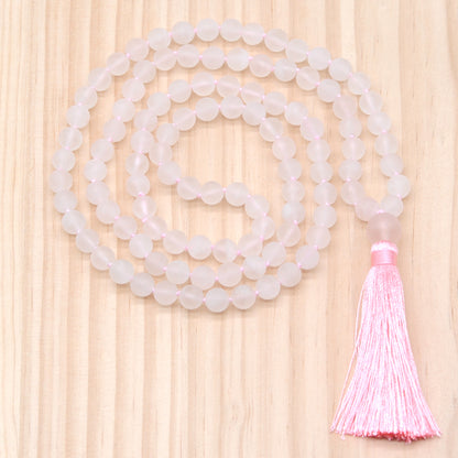 GMN01 Hand-Knotted Matte Rose Quartz 108 Beads Mala Necklace