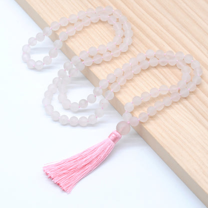 GMN01 Hand-Knotted Matte Rose Quartz 108 Beads Mala Necklace