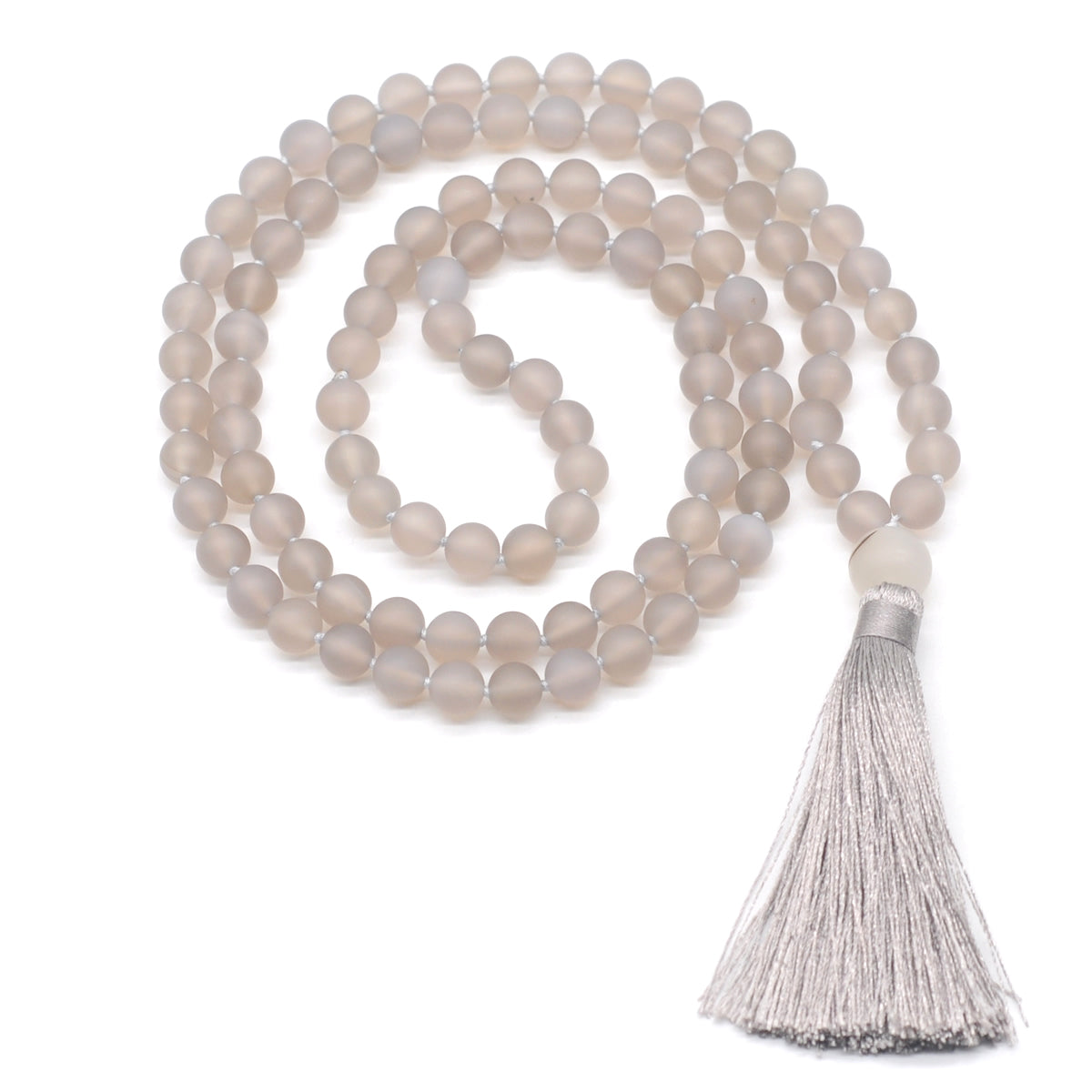 GMN06 Hand-Knotted Matte Grey Agate 108 Beads Mala Necklace