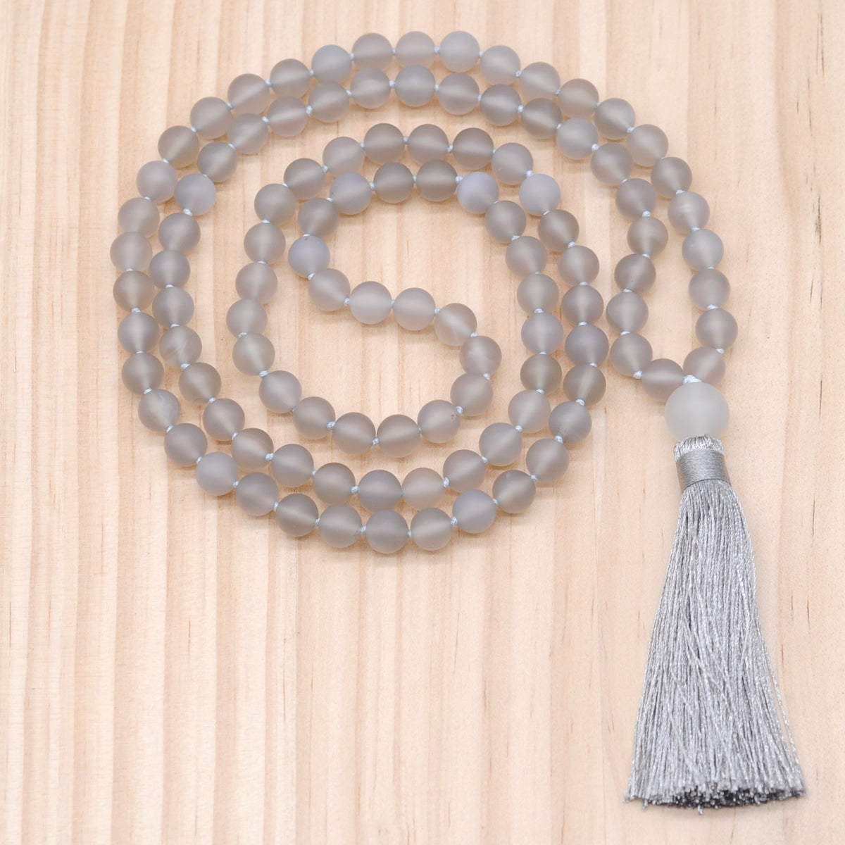 GMN06 Hand-Knotted Matte Grey Agate 108 Beads Mala Necklace