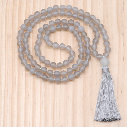 GMN06 Hand-Knotted Matte Grey Agate 108 Beads Mala Necklace