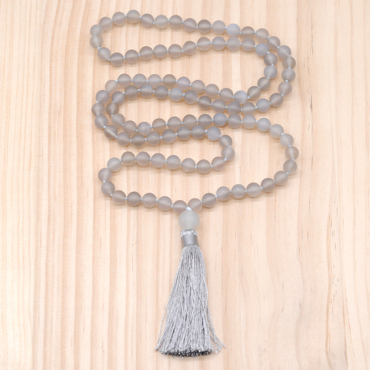 GMN06 Hand-Knotted Matte Grey Agate 108 Beads Mala Necklace